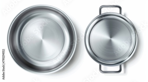 An empty metal saucepan with plastic handles is open and closed with a lid. A stainless casserole dish is isolated on white. A realistic 3D modern mockup of kitchen utensils. photo