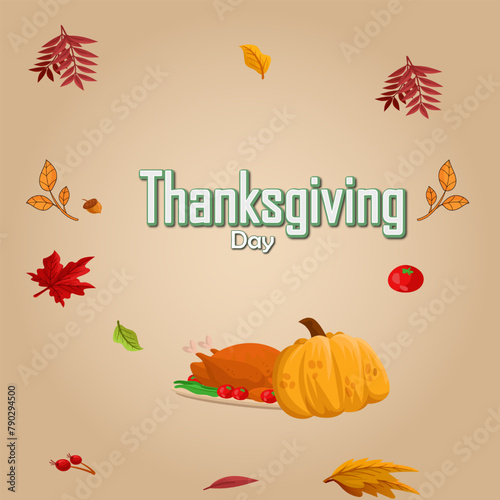 Festive Autumn Pumpkin Leaf and Fruit Border of happy thanksgiving day text