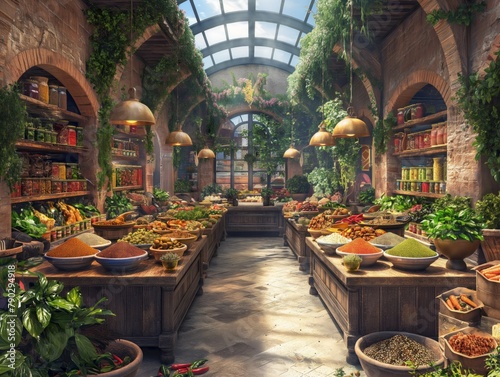 A large indoor market with many different types of food and produce. The atmosphere is lively and bustling, with people shopping and browsing the various offerings