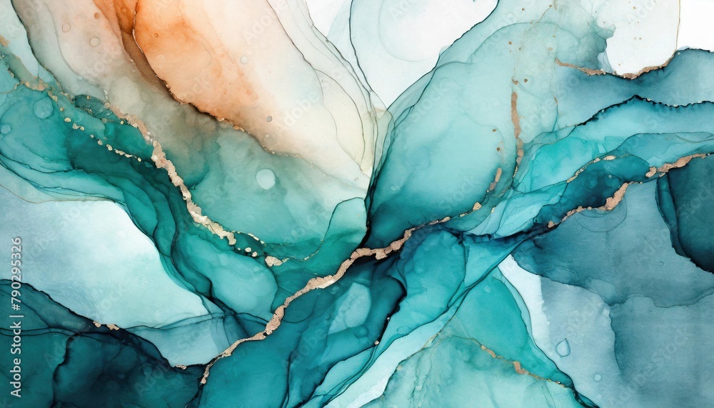 Beautiful turquoise colors abstract alcohol ink watercolor background. Abstract liquid marble design. Luxury wallpaper concept brush oil modern paper splash painting water.