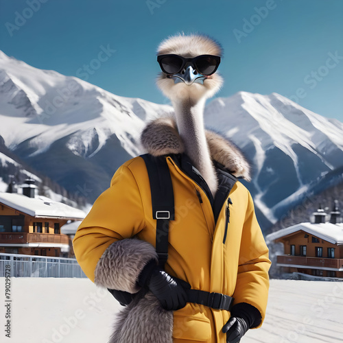 An ostrich in sunglasses and a yellow down jacket on the background of mountain peaks, a winter sports resort
