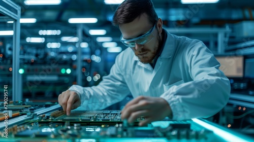 A laboratory assistant in protective suits and personal protective equipment conducts a study on the quality of manufactured semiconductor chips at an electronics and computer equipment factory