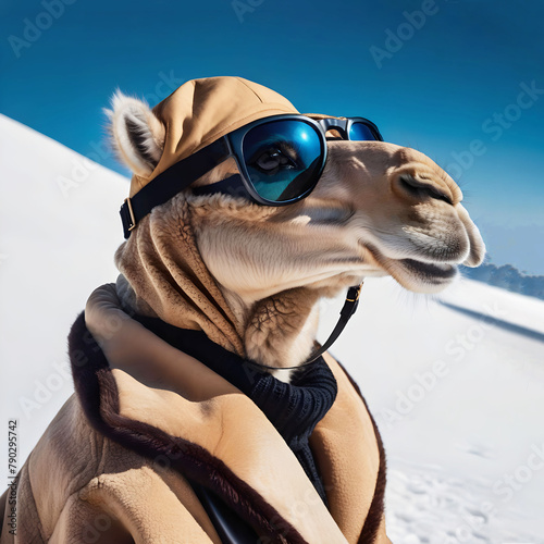portrait of a camel in winter clothes and glasses on a mountain slope
