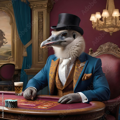 a respectable gentleman with the head of an exotic bird, sitting at a gaming table in a casino
