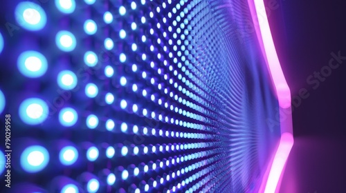 LED video screen on concave wall with glowing blue and purple dots. Curved digital panel with mesh of diode lamps.