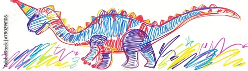 5 year old's basic Teratosaurus in party hat scribbly outline colourful crude juvenile crayon drawing next to a Mockup white poster for birthday on white background photo