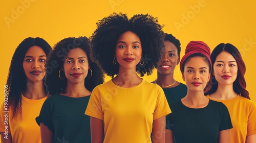 Diverse group of women with yellow background: portrait of multicultural women smiling in yellow attire against a vibrant yellow backdrop
