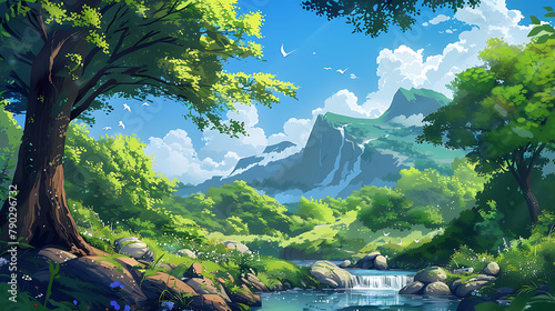 Tranquil Nature's Embrace A serene lakeside haven surrounded by lush foliage, where the tranquility of nature's embrace is vividly animated.