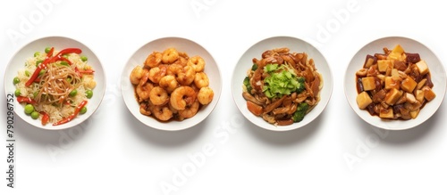 set of bowls with tasty Chinese food.