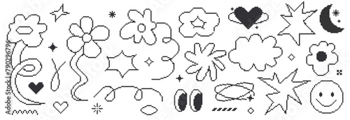 Set of pixel organic shape and flowers. Abstract cloud stars elements. Modern aesthetic line elements in retro y2k style.
