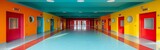 Panoramic banner with colorful corridor in modern school building: Brightly colored hall with red and yellow doors reflecting a vibrant educational environment
