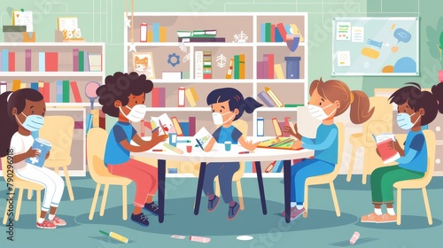 In a library room with bookcases, multiracial children sitting around a table painting and chatting in a mask during a Coronavirus epidemic, Cartoon modern illustration.