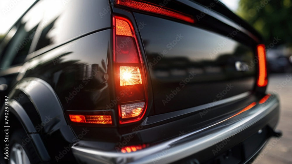 Rear view of car parked outside in parking area. Used car sales or rental service. Car insurance background. Car dealership and dealer agent concept.