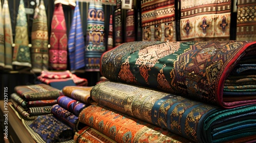 Rows of richly patterned traditional textiles and fabrics displayed, highlighting the diverse cultural artistry and craftsmanship.
