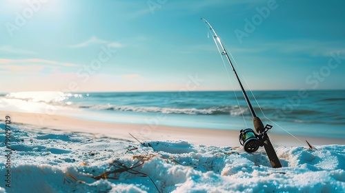 A single fishing rod stands anchored in the sand, with the sparkling ocean waves and bright blue sky creating a perfect day for fishing at the beach.