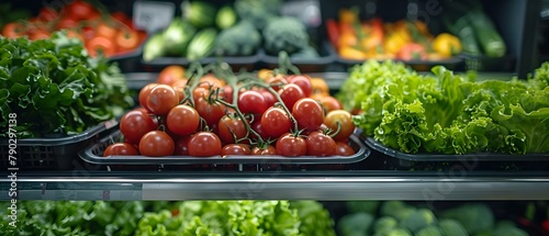 Fresh Produce Symphony: Tomatoes & Greens on Display. Concept Fresh produce, Tomatoes, Greens, Display, Symphony