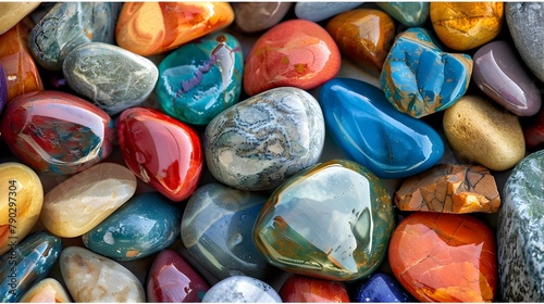 A close-up image capturing the rich variety and vibrant colors of polished stones, showcasing their unique patterns and textures.