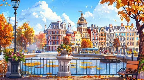 A vintage autumn street with European colonial Victorian buildings and a lake promenade. A retro style cityscape at the river shore. A vintage cityscape at the river shore. Cartoon illustration. photo
