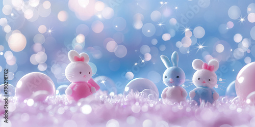 Süße Haasen Figuren und Bubbles in pink und lila als Hintergrundmotiv und Druckvorlage für Tapeten im Kinderzimmer, ai generativ