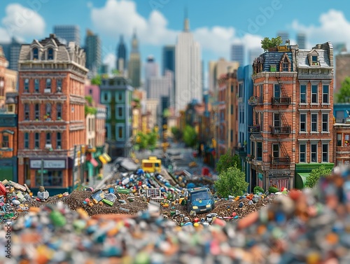 A cityscape with a pile of trash on the ground. Scene is bleak and dirty