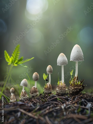 Create a visually stunning life cycle diagram depicting the stages of a mushrooms growth from spore to mature fungus photo