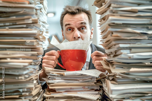 funny portrait of a insurance broker looking at a tall pile of papers while holding the coffee cup in his hands
