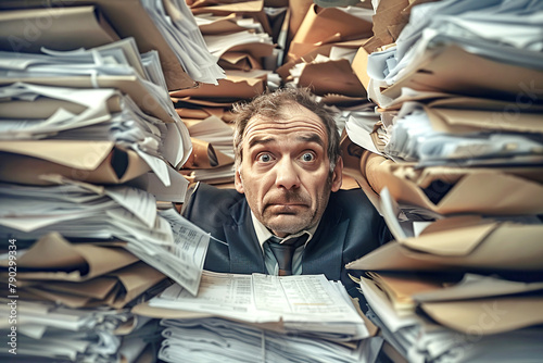 A surprised businessman sits at his desk, completely overwhelmed by towering stacks of papers and documents. © innluga