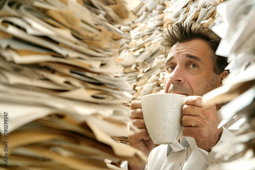 funny portrait of a insurance broker looking at a tall pile of papers while holding the coffee cup in his hands