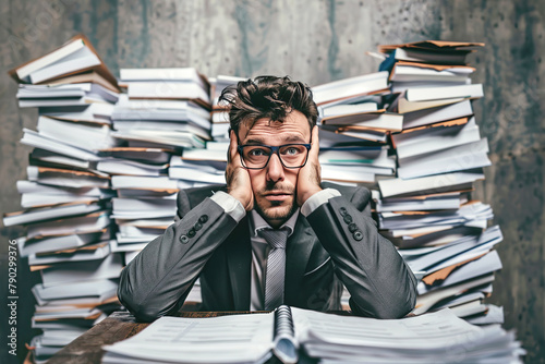 A surprised businessman sits at his desk, completely overwhelmed by towering stacks of papers and documents. © innluga