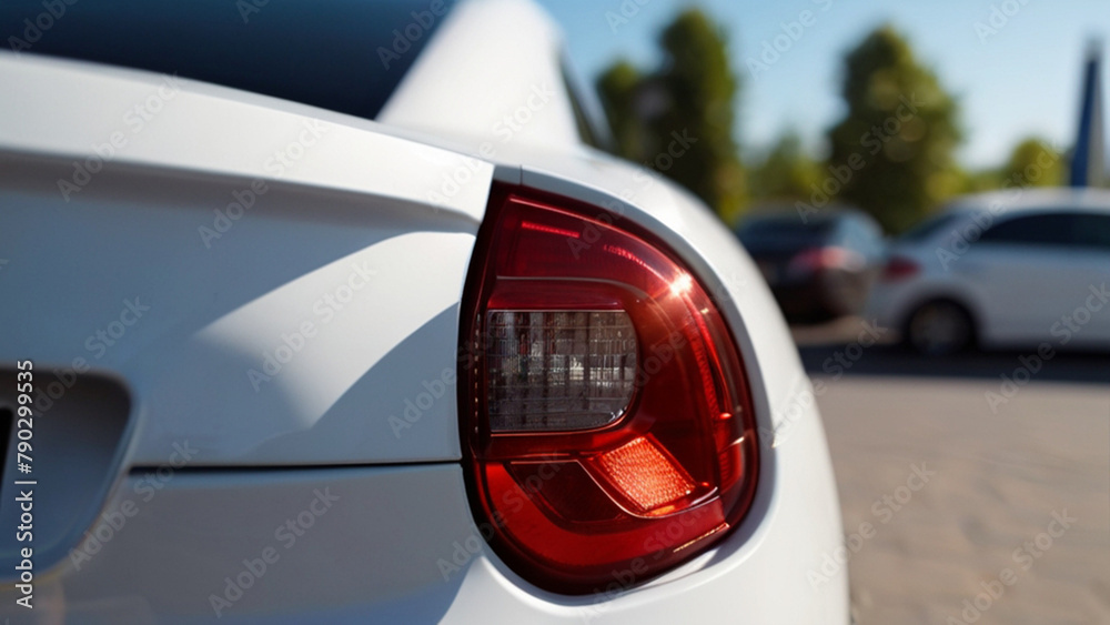 Fototapeta premium Rear view of car parked outside in parking area. Used car sales or rental service. Car insurance background. Car dealership and dealer agent concept.