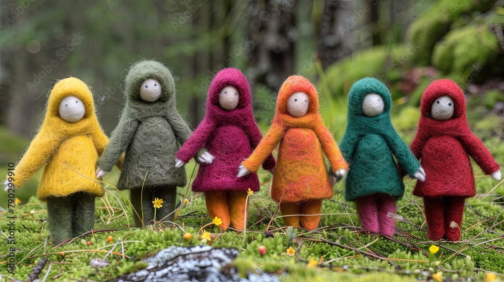 Girl friend dolls are standing in the forest, their outfits are in different colors. Toys made of wool by felting technology. Fairy-tale character. Handmade. Design for cover, card, postcard, etc. - obrazy, fototapety, plakaty 