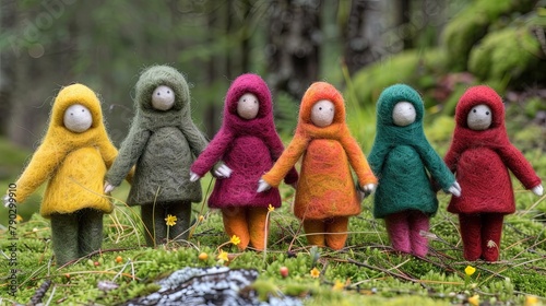 Girl friend dolls are standing in the forest, their outfits are in different colors. Toys made of wool by felting technology. Fairy-tale character. Handmade. Design for cover, card, postcard, etc. © Login