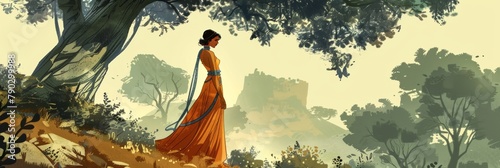 An artistic illustration of a graceful woman in a flowing orange saree, contemplating the beauty of a blooming tree.