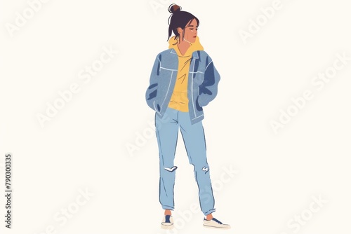 Capturing casual elegance, this illustration presents a woman in denim with a relaxed posture, suited for lifestyle brands and fashion blogs. © Rade Kolbas