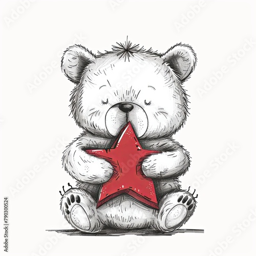 A bear stands on a white background and holds a polar star. Symbolism with animal and geometric figure. Illustration for cover, card, postcard, decor or print.