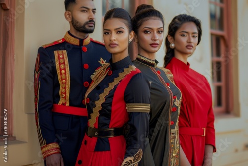 A group portrait with a mix of uniform-inspired fashion and traditional elegance, conveying confidence and style.
