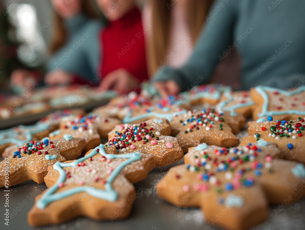 A group of cookies with sprinkles on them, including some with stars. The cookies are arranged on a table and are decorated with colorful sprinkles A group of cookies with sprinkles on them, including some with stars. The cookies are arranged on a table and are decorated with colorful sprinkles
