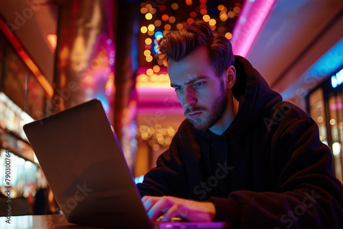 Young Caucasian man in black hoodie is working on a laptop in a hotel lobby in neon lights, hacker, coder or gamer