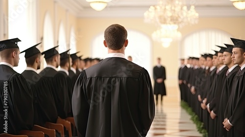 A graduate of a university, college or school receives his or her degree at a graduation ceremony. A crowd of students. Illustration for cover, card, interior design, poster, brochure or presentation.