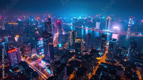 Spectacular night skyline of a large modern city at night. photo
