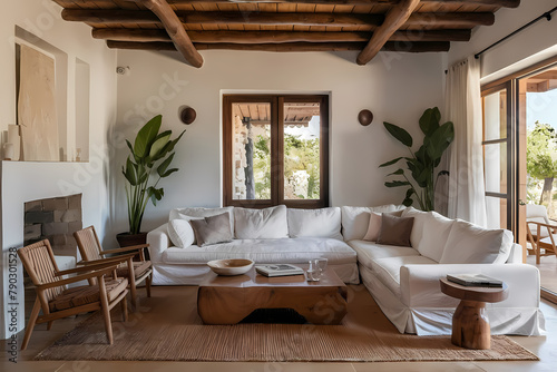 Bright Mediterranean interior details. Beautiful house, cozy living room with big white sofa, wooden coffee table and home design elements.