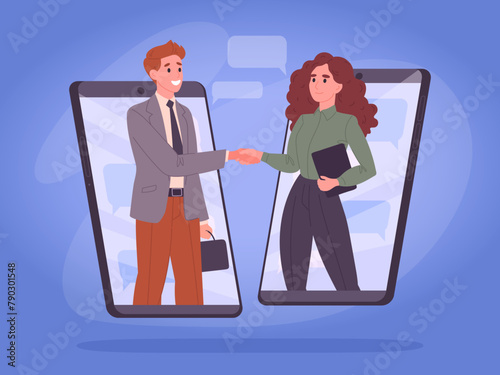 Businessmen handshake on gadget screen. Video conference or online business meeting agreement, two business character shake hands flat vector illustration. Remote business deal scene