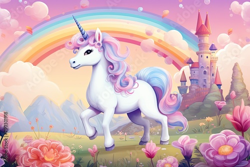 Cute baby unicorn behind rainbow illustration