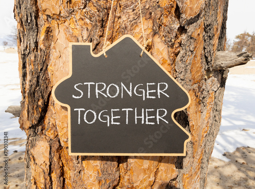 Stronger together symbol. Concept words Stronger together on beautiful black house blackboard. Beautiful tree background. Business, motivational and stronger together concept. photo