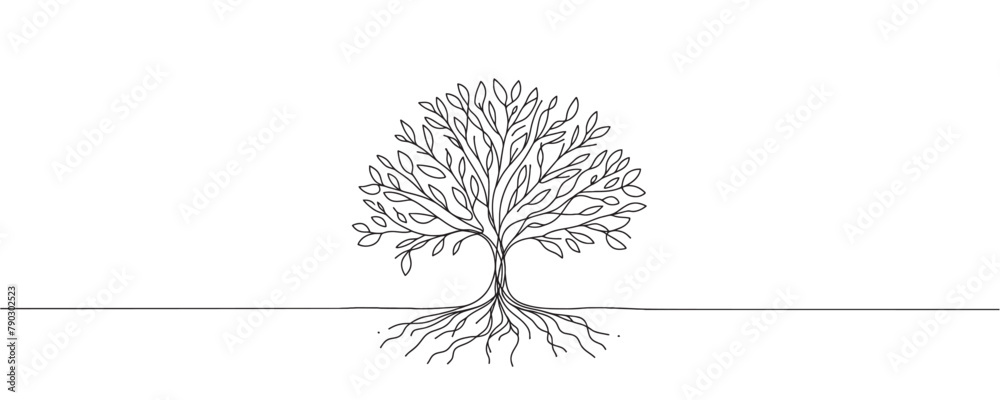Naklejka premium tree in one line. Graphic vector illustration of a continuous line drawing of a tree with roots