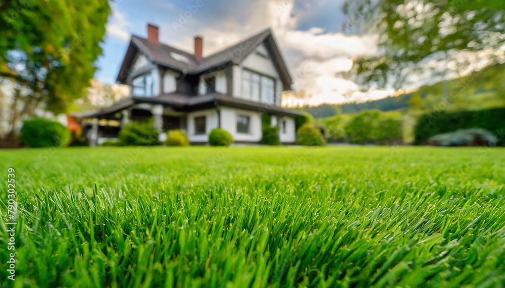 Close-up of green lawn with blurred house in the background. Backyard landscaping. Close-up of green lawn with blurred house in the background. Backyard landscaping.