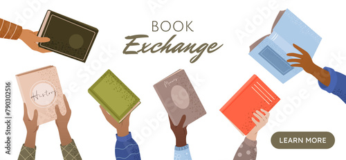 Book exchange or bookcrossing web banner. Landing page template. Education and knowledge concept, human hands holding various books on white background. Book club, World Book Day. Vector illustration.