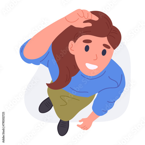 Female character look upwards. Cartoon woman top view, girl saw something in sky view from above, lady looking up flat vector illustration. Surprised person staring up