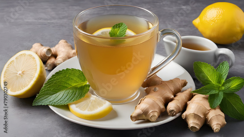 Cup of ginger tea with lemon and mint on a gray background.