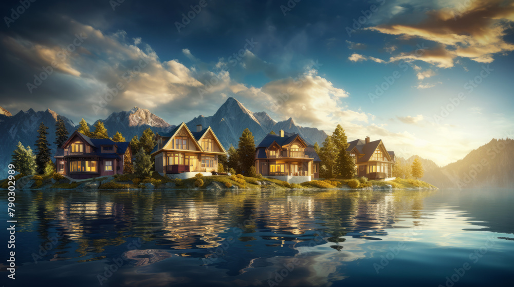 Obraz premium Lakeside houses bathed with majestic mountains in the backdrop and their reflection in calm waters. Secluded vacation spots and wilderness lodges. Eco-tourism destinations. Exclusive real estate